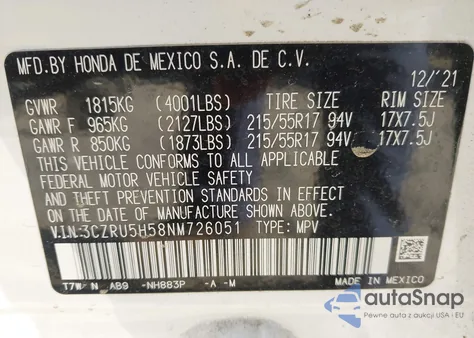 2022 Honda Hr-V 2Wd Ex из США, поврежденный, VIN 3CZRU5H58NM726051